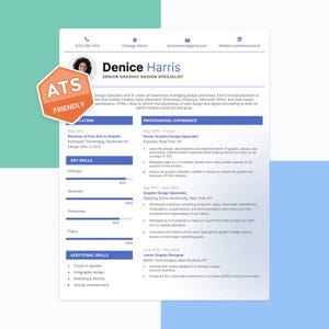 Könnte beinhalten: Ein Lebenslauf für Denice Harris, Senior Graphic Design Specialist, mit Kontaktinformationen und einer Zusammenfassung der Fähigkeiten. Der Lebenslauf enthält Erfahrung, Ausbildung und zusätzliche Fähigkeiten. Ein orangefarbener "ATS friendly" Aufkleber ist sichtbar.