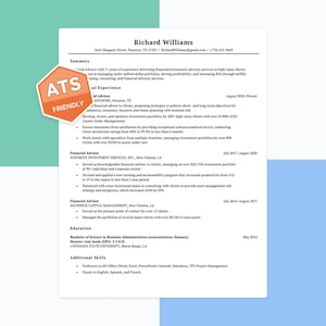 Può includere: Un curriculum vitae per Richard Williams, consulente finanziario con esperienza nei servizi di consulenza sugli investimenti. Il curriculum include un riepilogo, esperienza professionale, istruzione e competenze aggiuntive. Un adesivo "ATS Friendly" è nell'immagine.