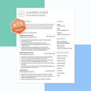 Puede incluir: Un currículum vitae de Lauren Chen, especialista en marketing digital. El documento incluye su objetivo, experiencia profesional, educación, habilidades relevantes e información de contacto. Una pegatina naranja con "ATS FRIENDLY" está en la esquina superior izquierda.