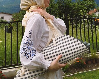 Navy Blue Striped Canvas Flower Tote Bag, Bouquet Carrier, Farmers Market Bag