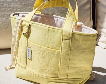 Yellow Linen Mini Tote Bag, Everyday Drawstring Purse