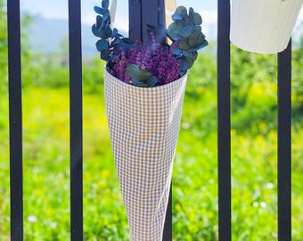 Beige Brown Gingham Flower Tote Bag, Farmers Market Bouquet Carrier, Cottagecore Plaid Cone Bag