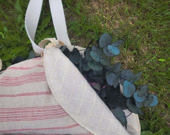 Red Striped Washed Linen Bouquet Bag, Rustic Farmhouse Flower Tote, Flower Sleeve