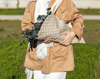 Beige Dotted Flower Tote & Gift Bag, Optional Matching Pouch, Minimal Canvas, Reusable Market Bag