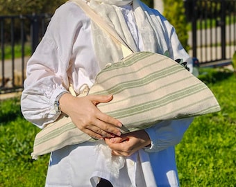 Washed Linen Flower Tote Bag – Handmade Green Striped Market & Gift Bag