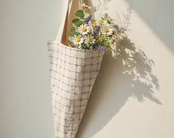 Blue Checkered Cotton Flower Tote & Gift Bag: Reusable Grocery Bag