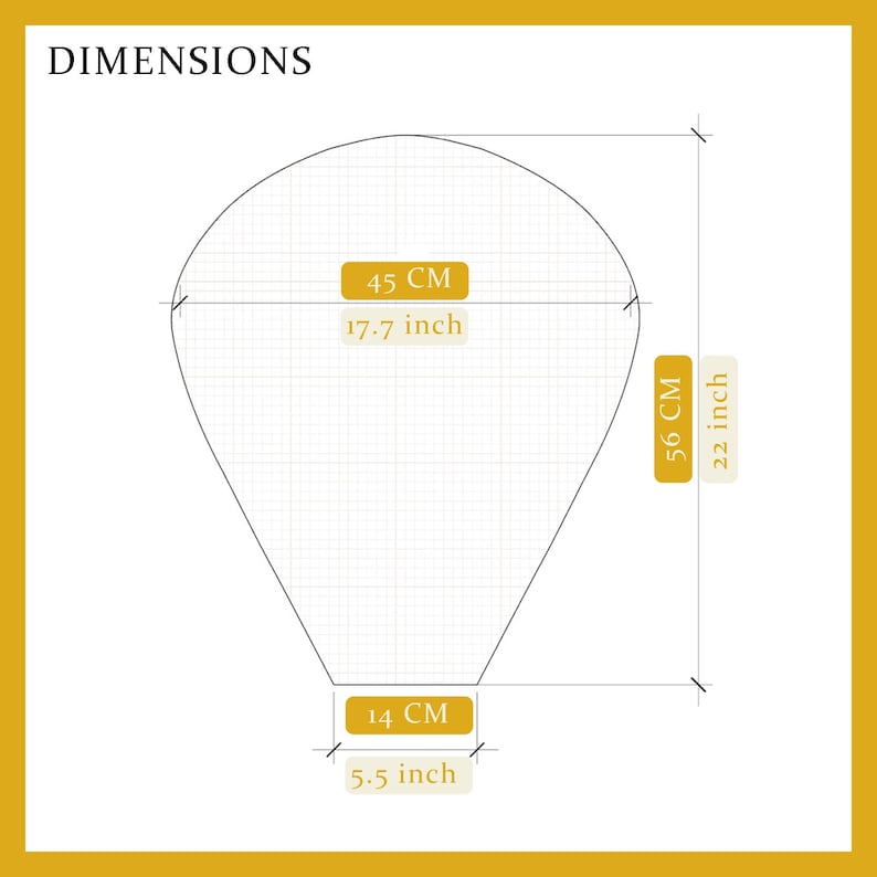 Puede incluir: Un diagrama t&eacute;cnico titulado DIMENSIONS que muestra un contorno en forma de gota sobre una cuadr&iacute;cula. El ancho es de 45 cm, la altura es de 56 cm y el ancho de la base es de 14 cm, indicados mediante l&iacute;neas de medici&oacute;n claras y precisas.