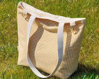 Bolso reversible de lona a cuadros vichy - Bolso grande para mercado y picnic con anilla en D dorada