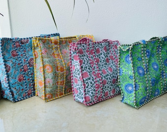 Handmade Quilted Cotton Tote Bag, Block Print Travel Shoulder Bag