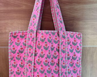 Hand Block Printed Cotton Quilted Tote Bag | Indian Shoulder Bag