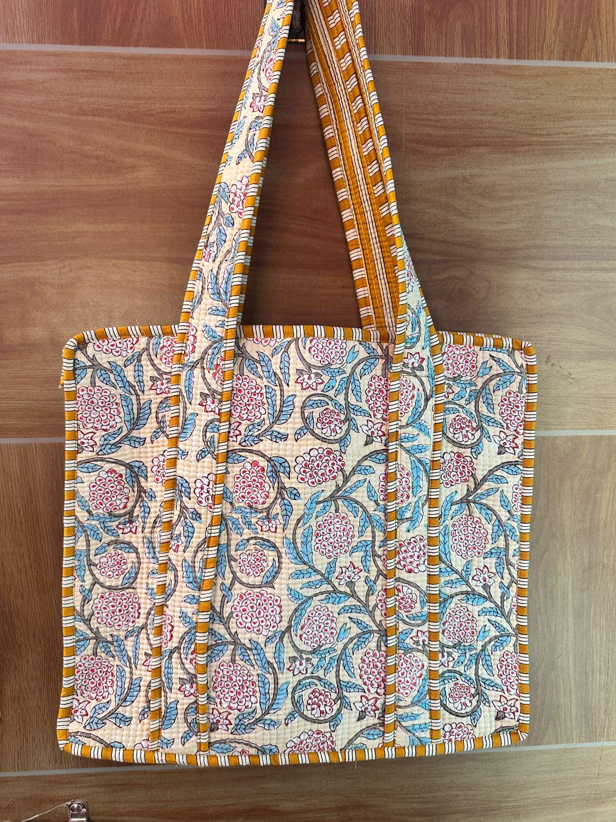 Hand Block Printed Cotton Quilted Tote Bag | Indian Shoulder Bag 