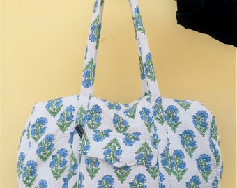 Bolsa de viaje grande de algodón para fin de semana, bolsa de lona acolchada hecha a mano, bolsas de viaje con estampado de bloques, bolsas de mano para mujer