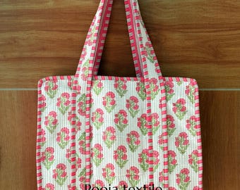 Handmade Cotton Floral Block Print reversible Shopping Bag | Tote Bag | Large Shopping Bag | Quilted Tote Bag| Large Floral Bag | Kantha Bag