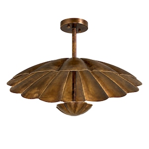 May include: A ceiling light fixture featuring a wide, scalloped, antique brass-toned metal shade with a central stem and a smaller, matching scalloped decorative element suspended beneath the main shade, all attached to a circular ceiling mount.