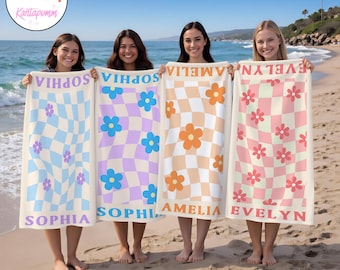 Personalized Checkerboard with Flowers Beach Towel,Bridesmaid Gift,Girls Trip,Kids Towel,Summer Present for Mom,Sister&Beach-Loving Friend