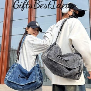 Personalized Unisex Big Denim Crossbody Tote Bag, Casual Denim Tote Bag With Zipper, Women&#39;s Denim Handbag, Denim Tote Bag Purse, Gift