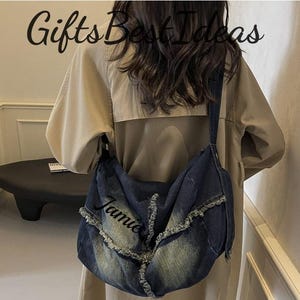 Personalized Large Denim Crossbody Tote Bag, Minimalist Denim Tote Bag With Zipper, Women&#39;s Handbag, Denim Tote Bag Purse, Gift for Her