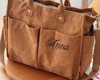Multi-Pocket Zipper Thick Corduroy Shoulder Strap Detachable Crossbody Bag, Personalized Office Commute Laptop Canvas Totes, Gift for Her