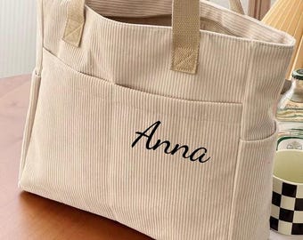 Bolso de hombro de pana gruesa con múltiples bolsillos de estilo japonés, bolso de viaje personalizado para mujer, bolso de compras con cremallera, regalo de cumpleaños para ella.