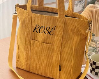 Japanese Thick Commuter Zipper Corduroy Shoulder Strap Detachable Crossbody Bag, Personalized Everyday Laptop Canvas Totes, Gift for Her