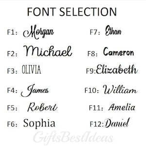 May include: A white background displays a "FONT SELECTION" chart with 12 different font styles. Each font is labeled with a number and a name, including "Morgan", "Michael", "Olivia", "James", "Robert", "Sophia", "Ethan", "Cameron", "Elizabeth", "William", "Amelia", and "Daniel".