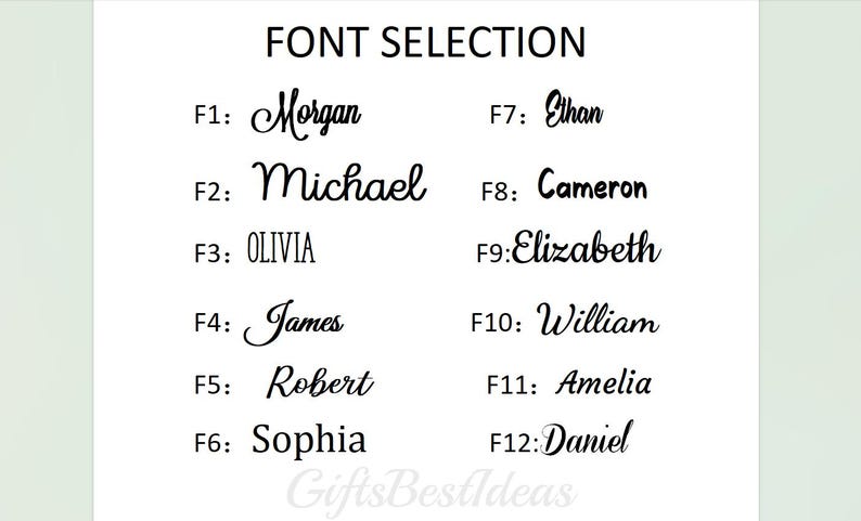 May include: A white background displays a "FONT SELECTION" chart with 12 different font styles. Each font is labeled with a number and a name, including "Morgan", "Michael", "Olivia", "James", "Robert", "Sophia", "Ethan", "Cameron", "Elizabeth", "William", "Amelia", and "Daniel".