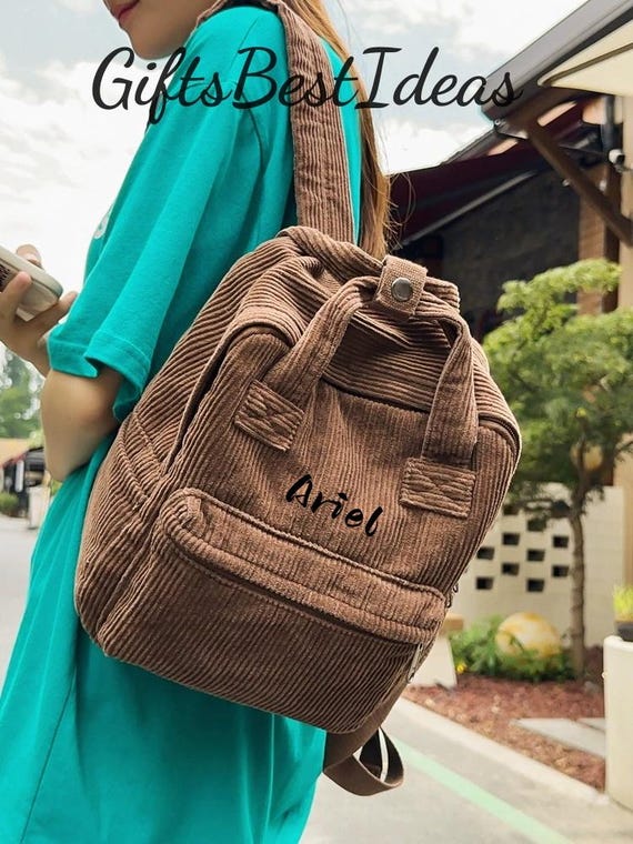 Personalized Vintage Brown Small Corduroy Backpack 