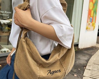 Bolso bandolera de pana personalizado de gran capacidad, bolso de mano para el día a día con cremallera