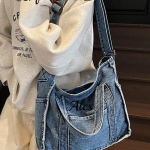 Customized Multi-Pocket Denim Crossbody Shoulder Tote Bag, Denim Tote Bag With Zipper, Women&#39;s Handbag, Denim Tote Bag Purse, Gift for Her