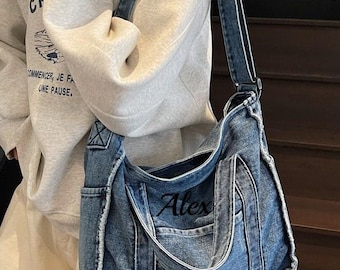 Customized Multi-Pocket Denim Crossbody Shoulder Tote Bag, Denim Tote Bag With Zipper, Women's Handbag, Denim Tote Bag Purse, Gift for Her