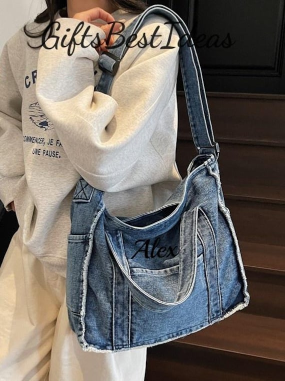 Customized Multi-Pocket Denim Crossbody Shoulder Tote Bag, Denim Tote Bag With Zipper, Women's Handbag, Denim Tote Bag Purse, Gift for Her