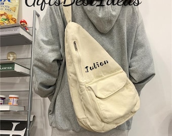 Personalized japanese canvas Chest bag, large capacity crossbody bag, lazy style, simple shoulder bag,  college student bag