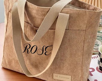 Thick Japanese Style Brown Corduroy Shoulder Tote Bag, Personalized Women's HandBag, Commute  Laptop Totes With Zipper Closure, Gift for Her