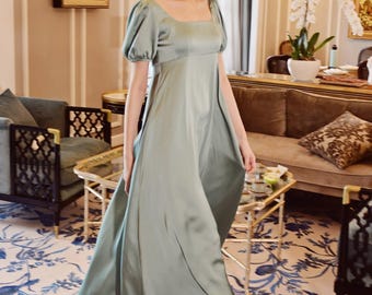 Vestido largo de satén verde salvia – Vestido con escote cuadrado y mangas abullonadas, elegante vestido de dama de honor, vestido formal de inspiración vintage