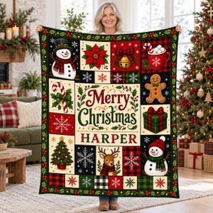 Personalized Christmas Flannel Throw,Custom Family Name Blanket,Vintage Holiday Patchwork Snowman and Reindeer,Rustic Christmas Home Decor