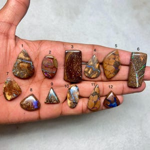 May include: A collection of twelve polished opal gemstones in various shapes, including teardrop, oval, and rectangular. The opals display a range of colors, including brown, blue, and iridescent flashes. The gemstones are held in a hand.