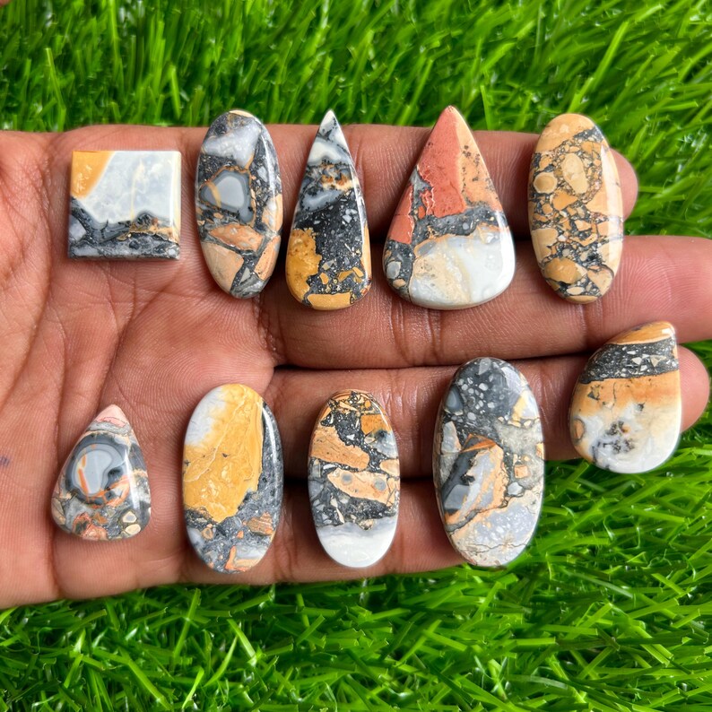 May include: A collection of polished gemstones in various shapes, including oval, teardrop, and rectangular. The stones feature a mix of colors, such as orange, gray, black, and white, with unique patterns and textures. The gemstones are displayed against a backdrop of green grass.