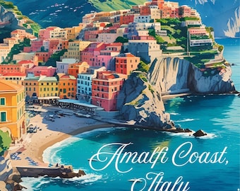 Impression d'art mural côte amalfitaine - Poster de voyage aquarelle - Téléchargement numérique