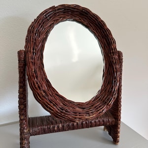Vintage Italian Wicker Swivel Vanity Mirror | Rustic Rattan Tabletop Mirror | Mid Century Italian Dressing Table Decor | Boho Home Accent