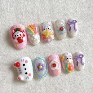 Kawaii 3D Cat Rainbow Press On Nails | Cute Pastel Bow Nail Art | Handmade Coquette Nails