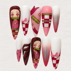 Demon Sister Anime Inspired Press On Nails, Handmade Long Fake Nails For Cosplay Anime, Pink Kimono Japanese Anime Nails