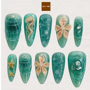 Unhas postiças estilo sereia do oceano, arte em unhas com estampa floral 3D de estrela-do-mar e água-viva, unhas postiças de praia feitas à mão no verão, unhas de luxo personalizadas