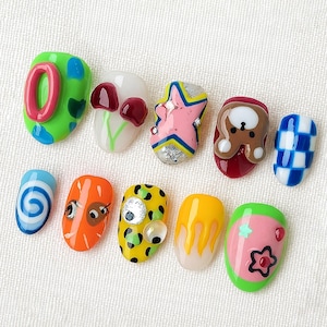 Y2K Cartoon Press On Nails, Colorful Kawaii Handmade Nails, Unique Hand Painted Nail Art Set