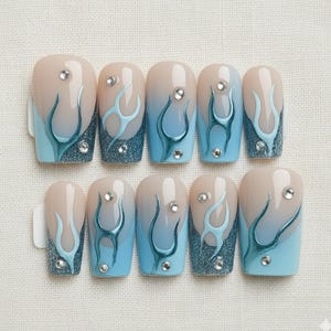 Blue Flame French Tips Press On Nails | Ocean Ombre Fantasy Nails Art
