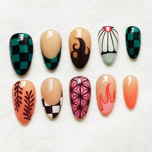Unhas postiças inspiradas em anime demoníaco, unhas kawaii personalizadas e feitas à mão, conjunto exclusivo de unhas para cosplay, unhas postiças de desenho animado japonês