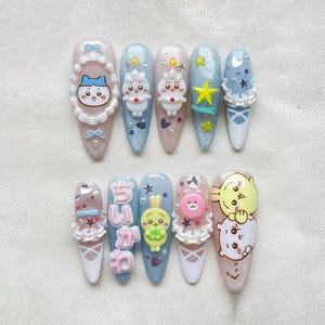 Harajuku Kawaii Animal Nails | 3D Cute Bunny & Bear Charm Press On Set | Japanese Anime Style Fake Nails