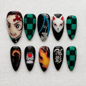 Demon Anime Press On Nails, Hand Painted Cartoon Nail Art, Custom Long Stiletto Fake Nails, Unique Cosplay Nail Design