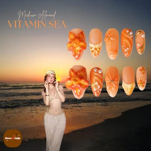 Orange 3D Flower Medium Almond Press On Nails Summer Beach Vacation, Tropical Floral Nail Art Luxury Handmade Press On Nails