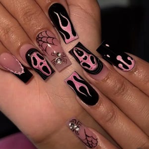 Black Pink Halloween Nails, Spooky Vampire Press On Nails, Gothic Spider Web Nail Art, Long Coffin Pink Black Nails