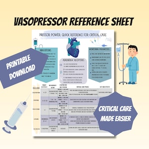 Puede incluir: Una hoja de referencia médica titulada "VASOPRESSOR REFERENCE SHEET" con el texto "PRESSOR POWER: QUICK REFERENCE FOR CRITICAL CARE". La imagen incluye una jeringa, un diagrama de un corazón y el texto "PRINTABLE DOWNLOAD".